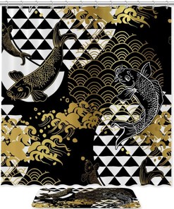 Koi Fish Japanese Pattern Shower Curtain, Set of 2, Waterproof Fabric for Bathroom Decor