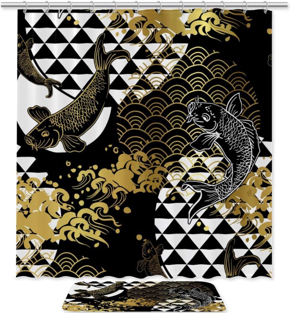 Koi Fish Japanese Pattern Shower Curtain, Set of 2, Waterproof Fabric for Bathroom Decor