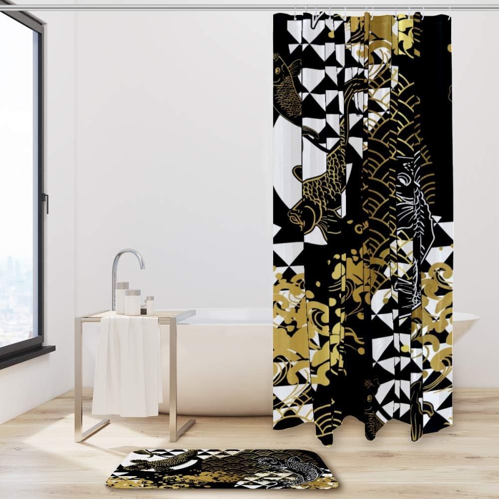 Koi Fish Japanese Pattern Shower Curtain, Set of 2, Waterproof Fabric for Bathroom Decor