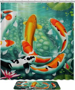 Koi Fish Japanese-Style Fabric Waterproof Shower Curtain for Bathroom Decor