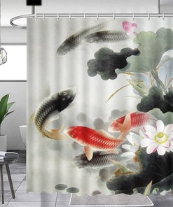 Koi Fish Lotus Flower Shower Curtain - Japanese Bath Curtains Fabric Curtain Decor