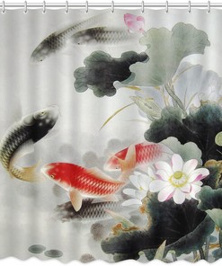 Koi Fish Lotus Flower Shower Curtain - Japanese Bath Curtains Fabric Curtain Decor