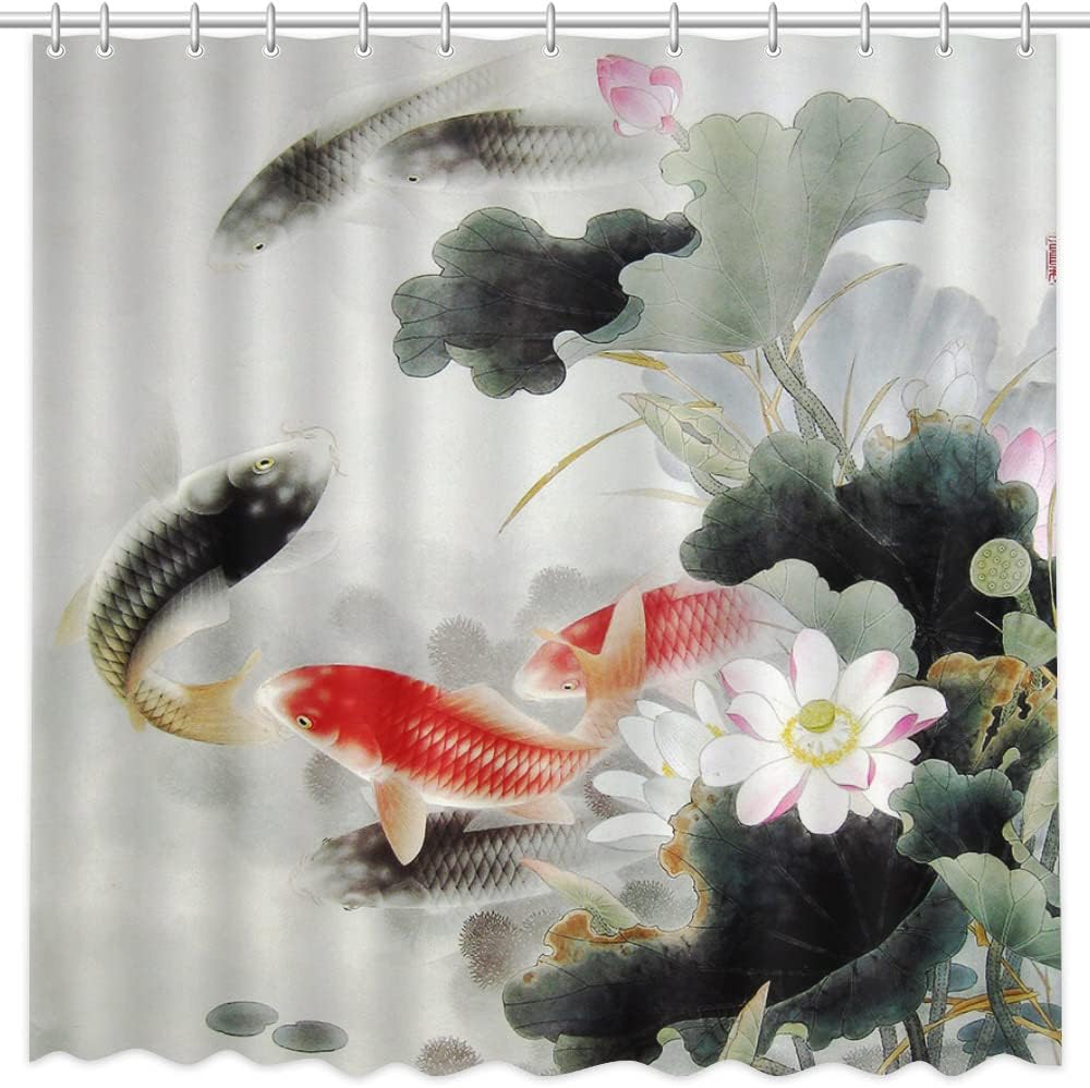Koi Fish Lotus Flower Shower Curtain - Japanese Bath Curtains Fabric Curtain Decor