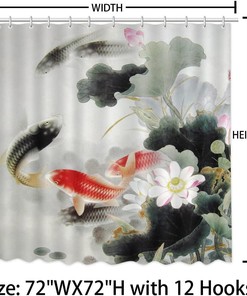 Koi Fish Lotus Flower Shower Curtain - Japanese Bath Curtains Fabric Curtain Decor