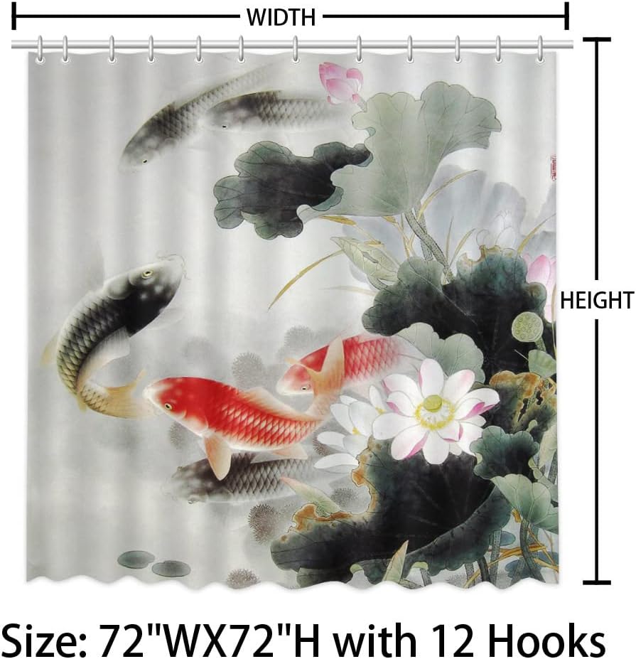 Koi Fish Lotus Flower Shower Curtain - Japanese Bath Curtains Fabric Curtain Decor