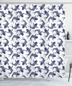 Koi Fish Scales Shower Curtain | Sketch Drawing Eastern Theme | Cloth Fabric Bathroom Decor (Navy Blue White)