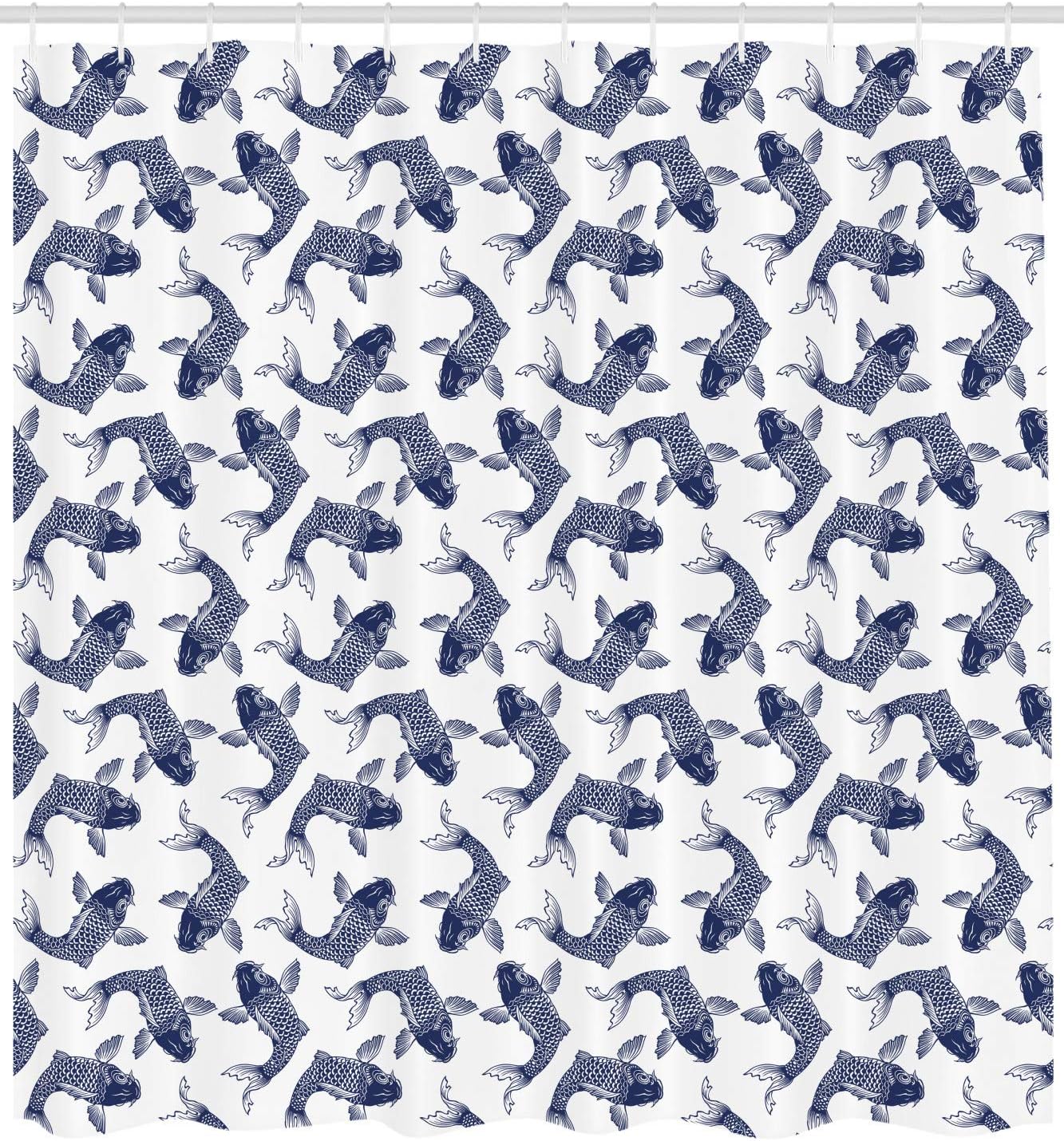 Koi Fish Scales Shower Curtain | Sketch Drawing Eastern Theme | Cloth Fabric Bathroom Decor (Navy Blue White) - Image 2