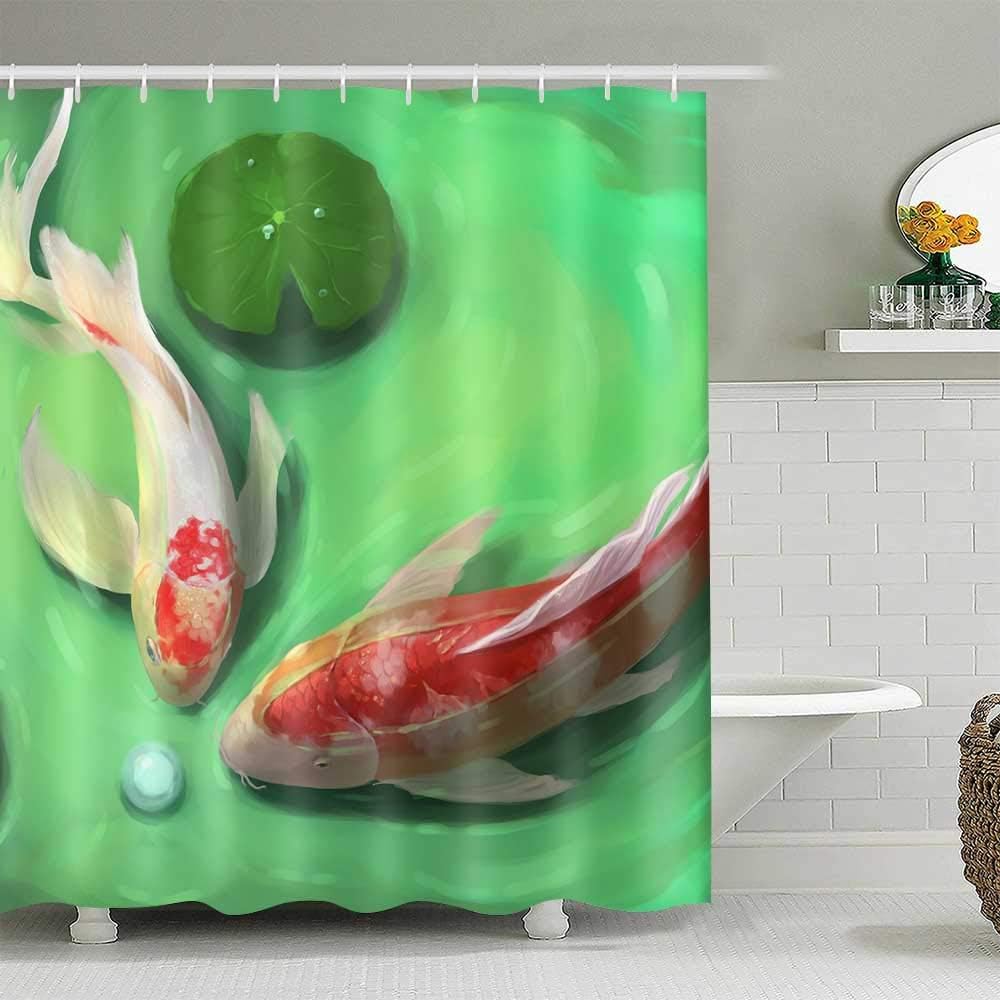 Koi Fish & Sea Shell Marble Shower Curtain | Waterproof Cover For Bathroom Bathtub Bathing Screens