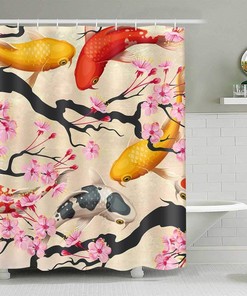 Koi Fish & Sea Shell Marble Shower Curtain | Waterproof Cover For Bathroom Bathtub Bathing Screens