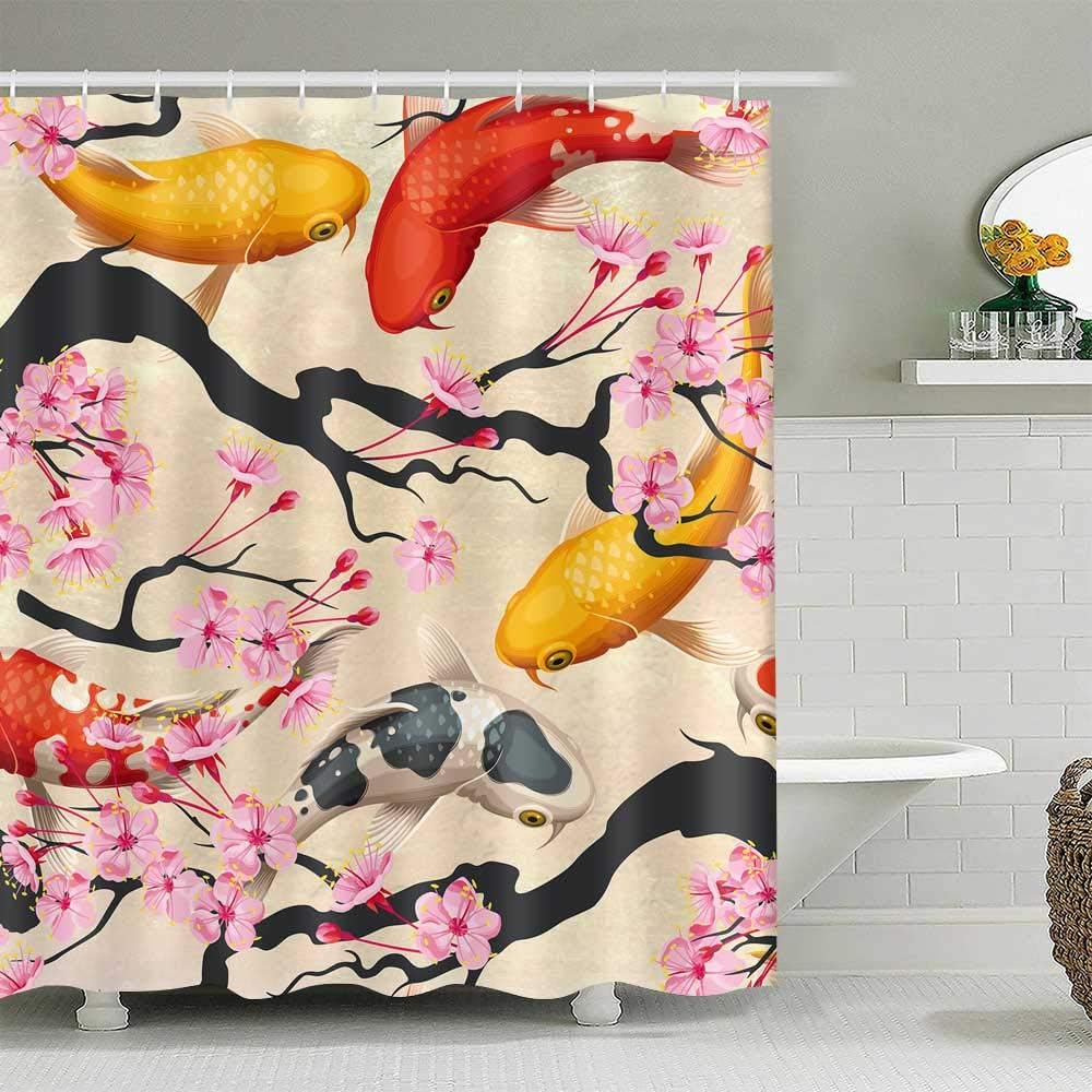 Koi Fish & Sea Shell Marble Shower Curtain | Waterproof Cover For Bathroom Bathtub Bathing Screens