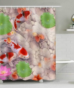 Koi Fish & Sea Shell Marble Shower Curtain | Waterproof Cover For Bathroom Bathtub Bathing Screens