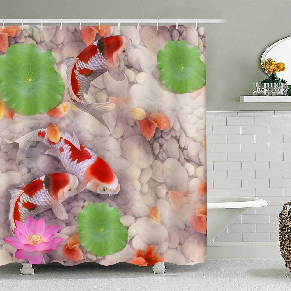 Koi Fish & Sea Shell Marble Shower Curtain | Waterproof Cover For Bathroom Bathtub Bathing Screens