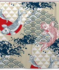 Koi Fish Wave Water Circles Japanese Chinese Bathtubs Shower Curtain for a Zen Bathroom