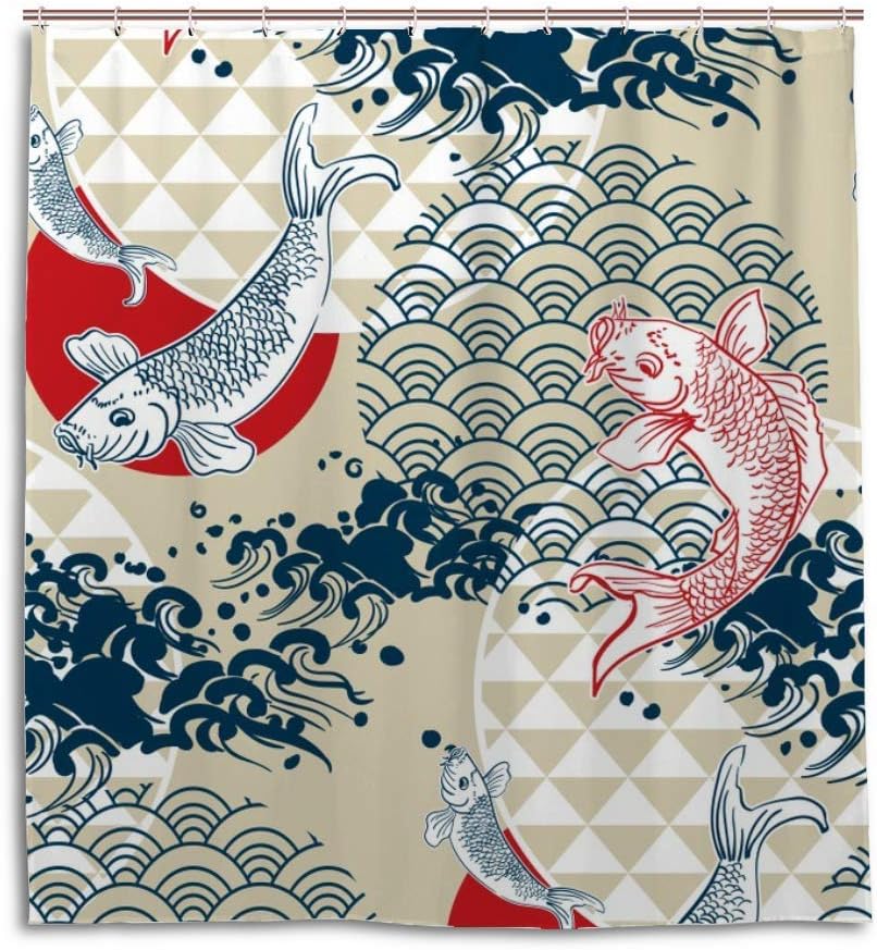 Koi Fish Wave Water Circles Japanese Chinese Bathtubs Shower Curtain for a Zen Bathroom