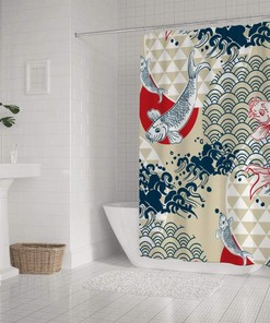 Koi Fish Wave Water Circles Japanese Chinese Bathtubs Shower Curtain for a Zen Bathroom