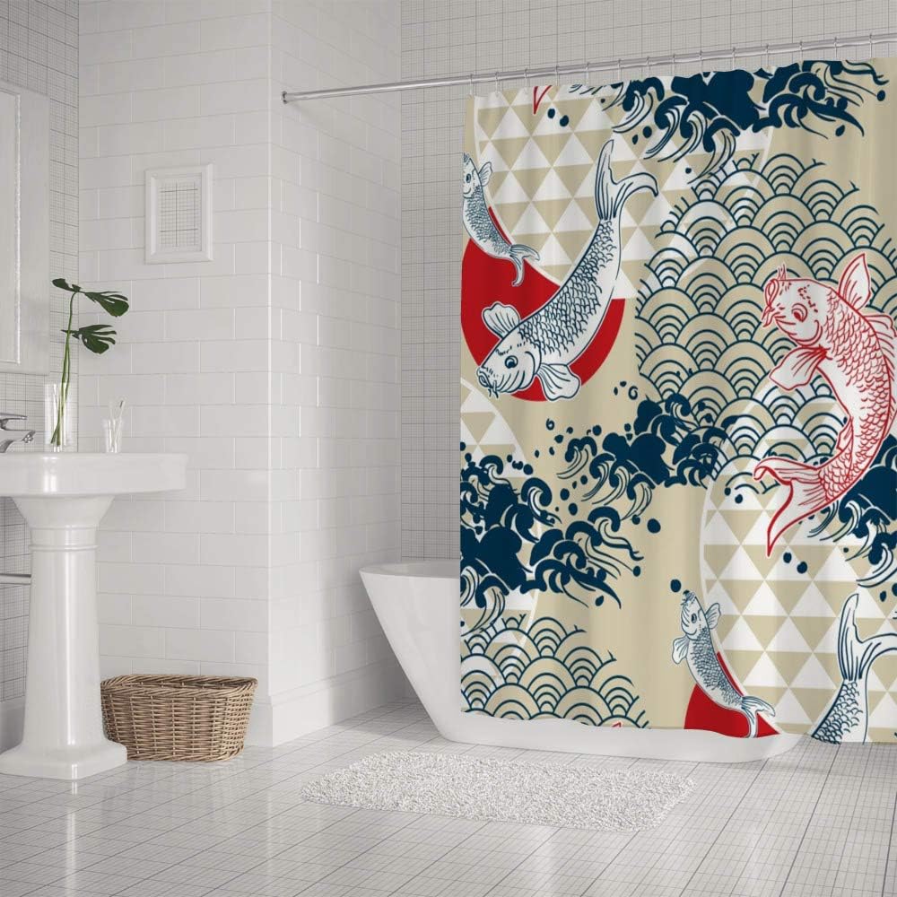 Koi Fish Wave Water Circles Japanese Chinese Bathtubs Shower Curtain for a Zen Bathroom