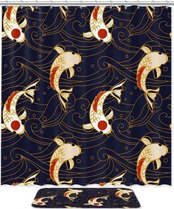 Koi Fish and Waves Japanese Waterproof Fabric Shower Curtain for Bathroom Decor