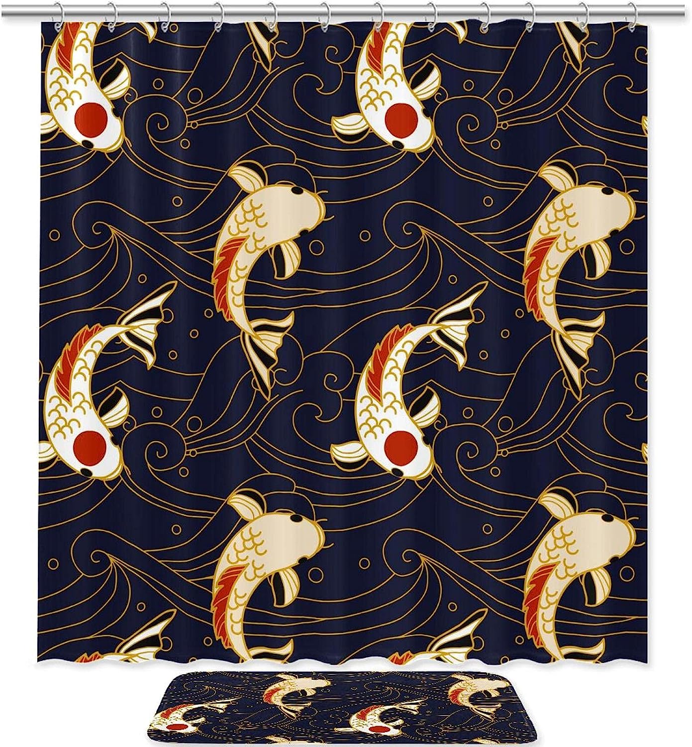 Koi Fish and Waves Japanese Waterproof Fabric Shower Curtain for Bathroom Decor