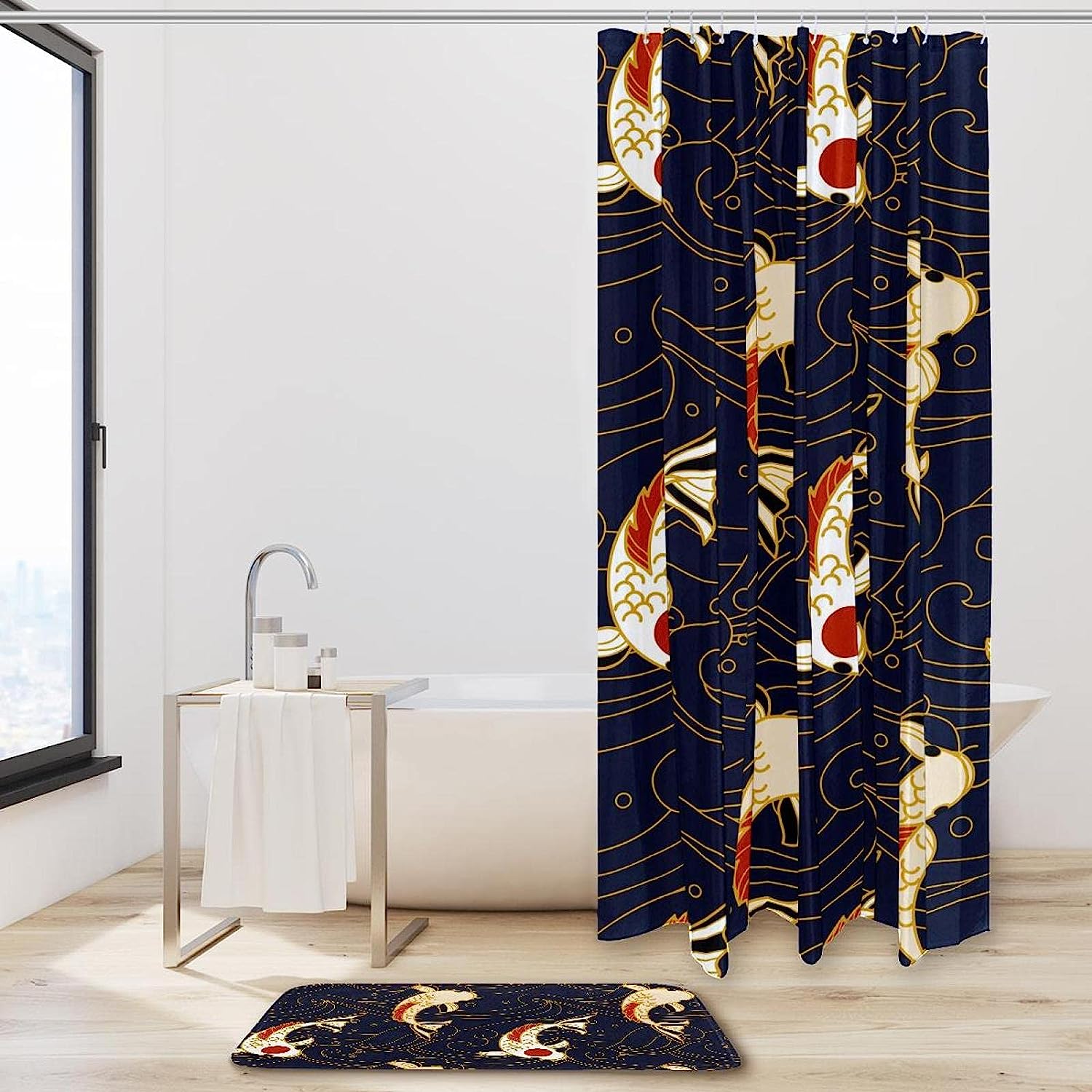 Koi Fish and Waves Japanese Waterproof Fabric Shower Curtain for Bathroom Decor