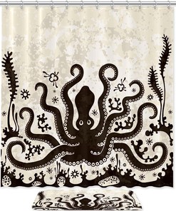 Kraken Octopus Print Shower Curtain Waterproof Fabric for Underwater Themed Bathroom Decor