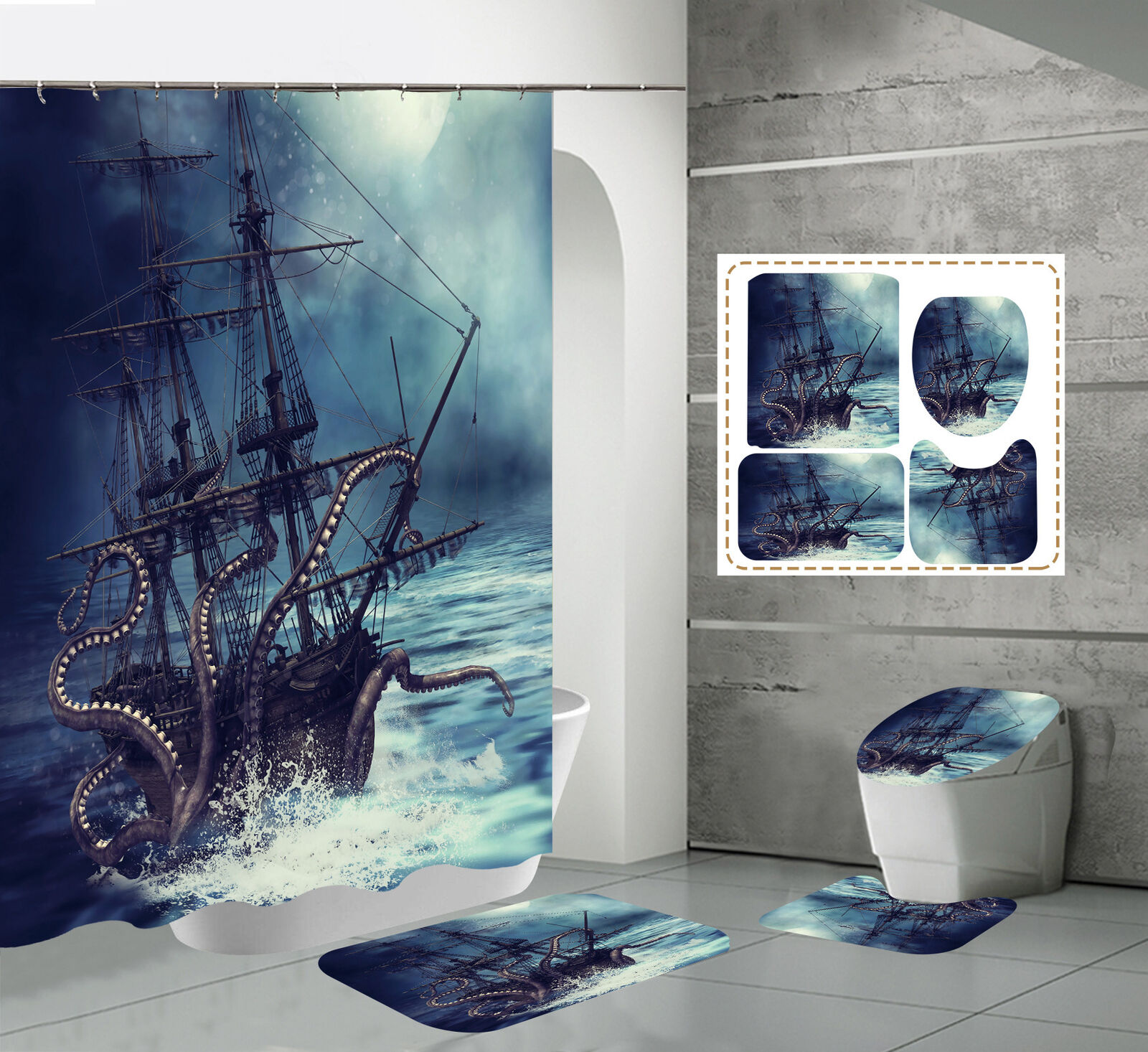 Kraken Octopus Shower Curtain For A Nautical Bathroom Decor, Mythical Bathroom Accessories