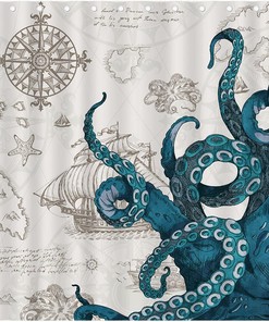 Kraken Octopus Shower Curtain - Nautical Pirate Sailboat Map Funny Blue Beach Theme
