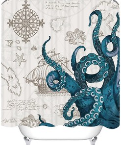 Kraken Octopus Shower Curtain - Nautical Pirate Sailboat Map Funny Blue Beach Theme