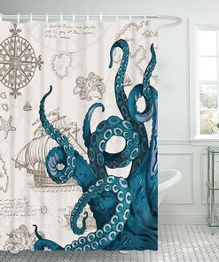 Kraken Octopus Shower Curtain - Nautical Pirate Sailboat Map Funny Blue Beach Theme