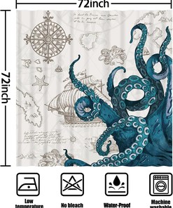 Kraken Octopus Shower Curtain - Nautical Pirate Sailboat Map Funny Blue Beach Theme