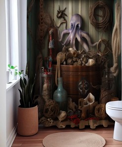 Kraken's Map Nautical Shower Curtain, perfect Housewarming Gift with Octopus and Sailboat Theme