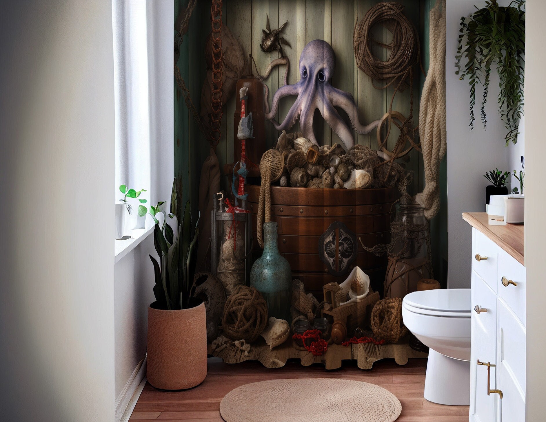 Kraken's Map Nautical Shower Curtain, perfect Housewarming Gift with Octopus and Sailboat Theme