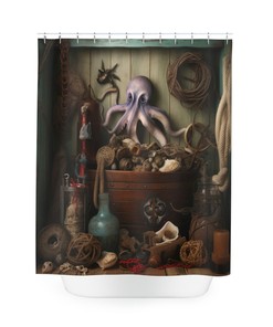 Kraken's Map Nautical Shower Curtain, perfect Housewarming Gift with Octopus and Sailboat Theme