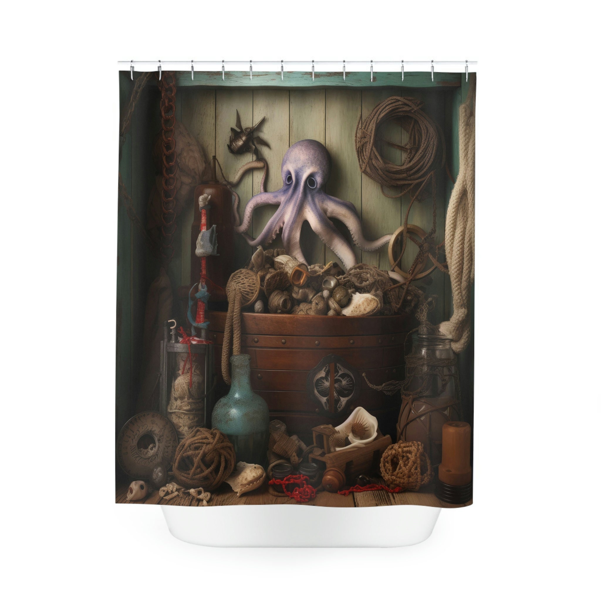 Kraken's Map Nautical Shower Curtain, perfect Housewarming Gift with Octopus and Sailboat Theme