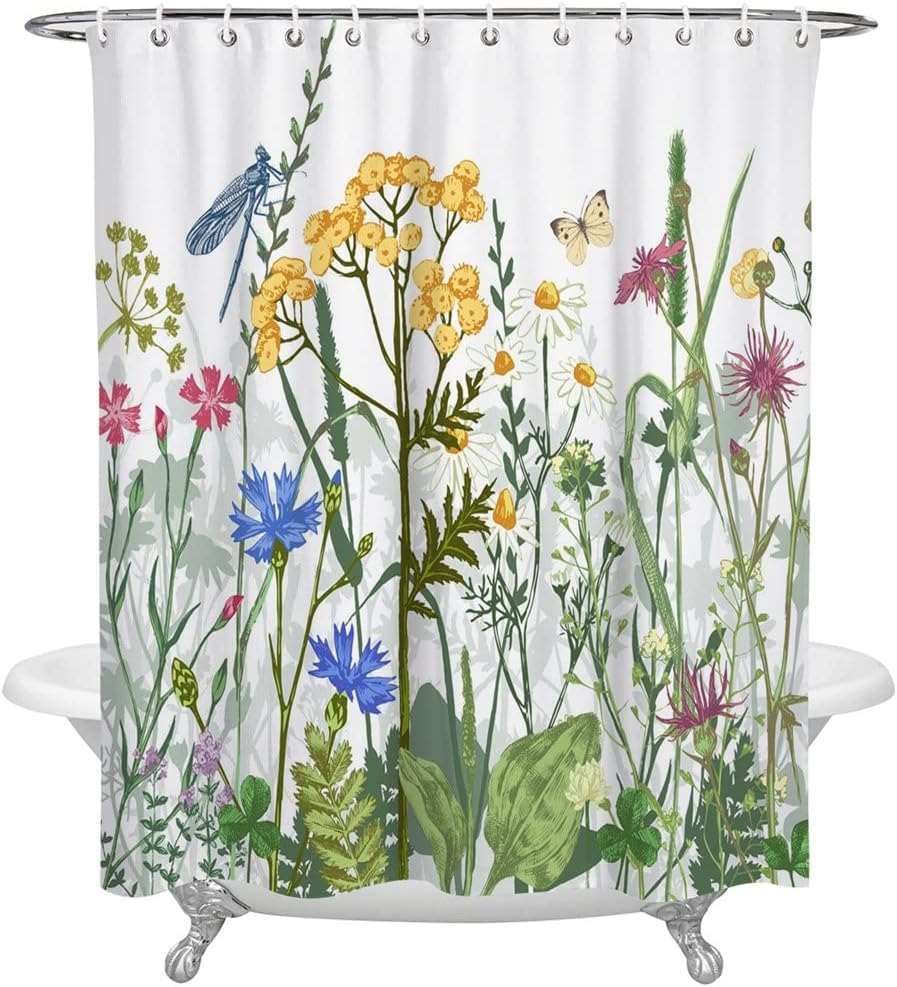LDCHNH Flowers Dragonfly Shower Curtain - Home Bath Decorative Fabric Bathroom Curtain