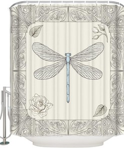 LDCHNH Hand Drawing Dragonfly Beige Shower Curtain - Bathroom Decor Farmhouse Fabric Shower Curtain