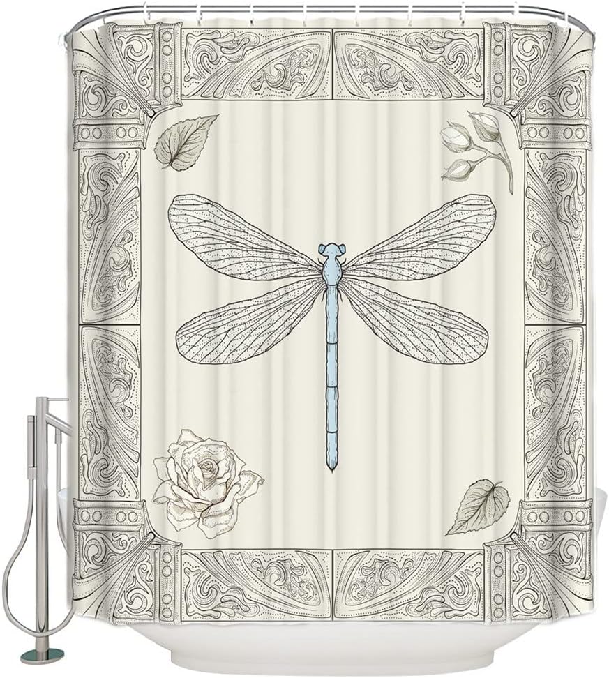 LDCHNH Hand Drawing Dragonfly Beige Shower Curtain - Bathroom Decor Farmhouse Fabric Shower Curtain