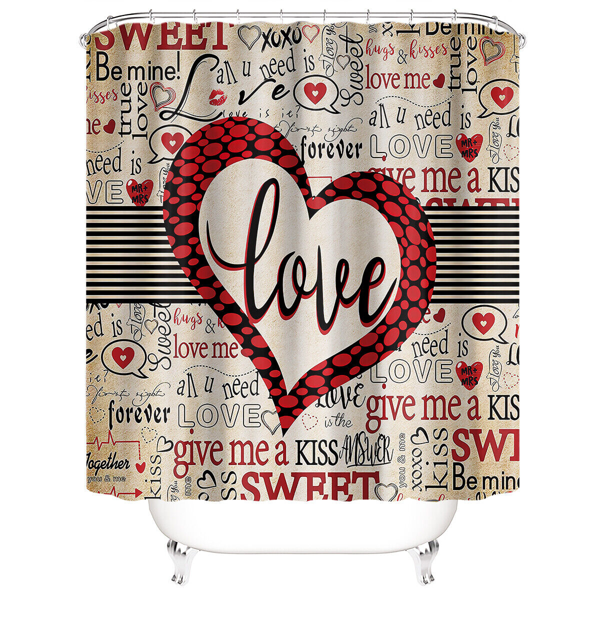 LOVE Typography Shower Curtain for Romantic Bathroom Decor