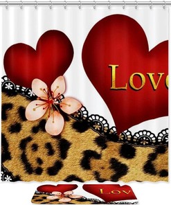 Lace Leopard Love Heart Printed Bathroom Tub Set With Waterproof Fabric Shower Curtain