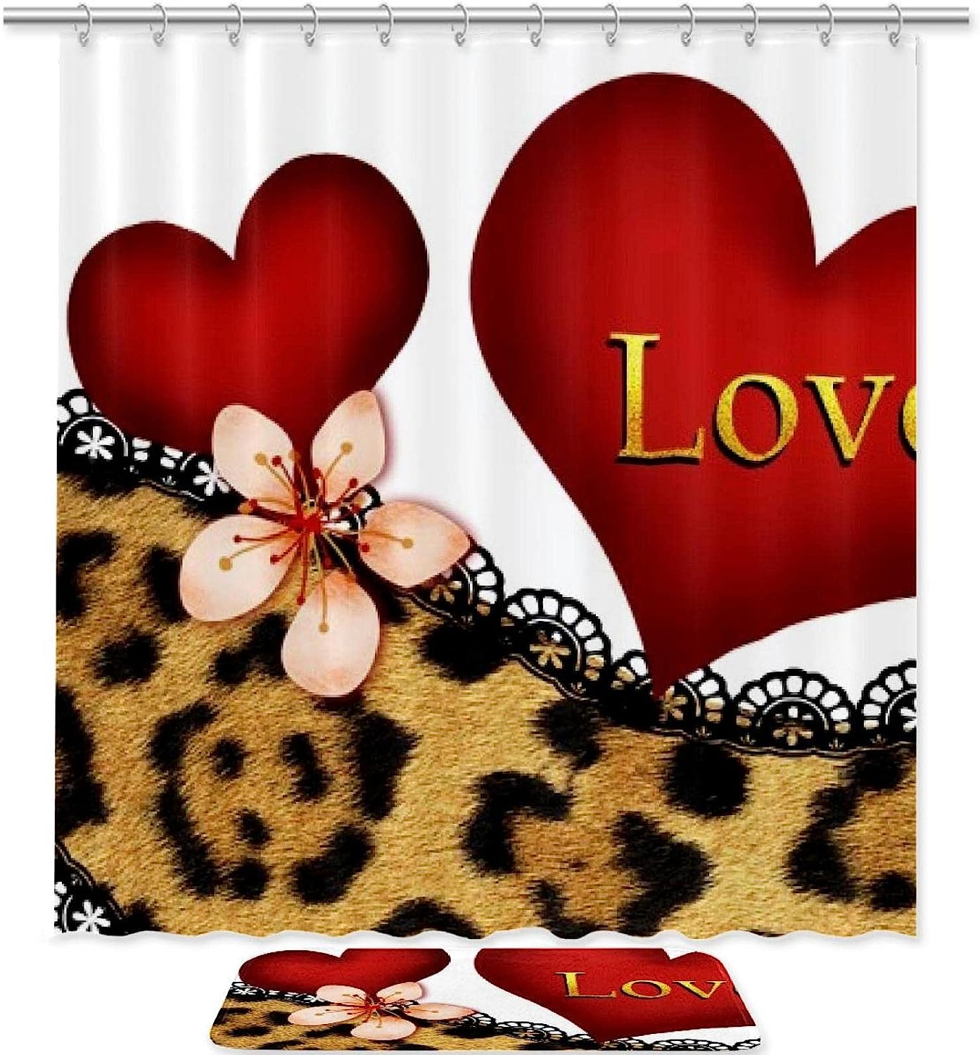 Lace Leopard Love Heart Printed Bathroom Tub Set With Waterproof Fabric Shower Curtain