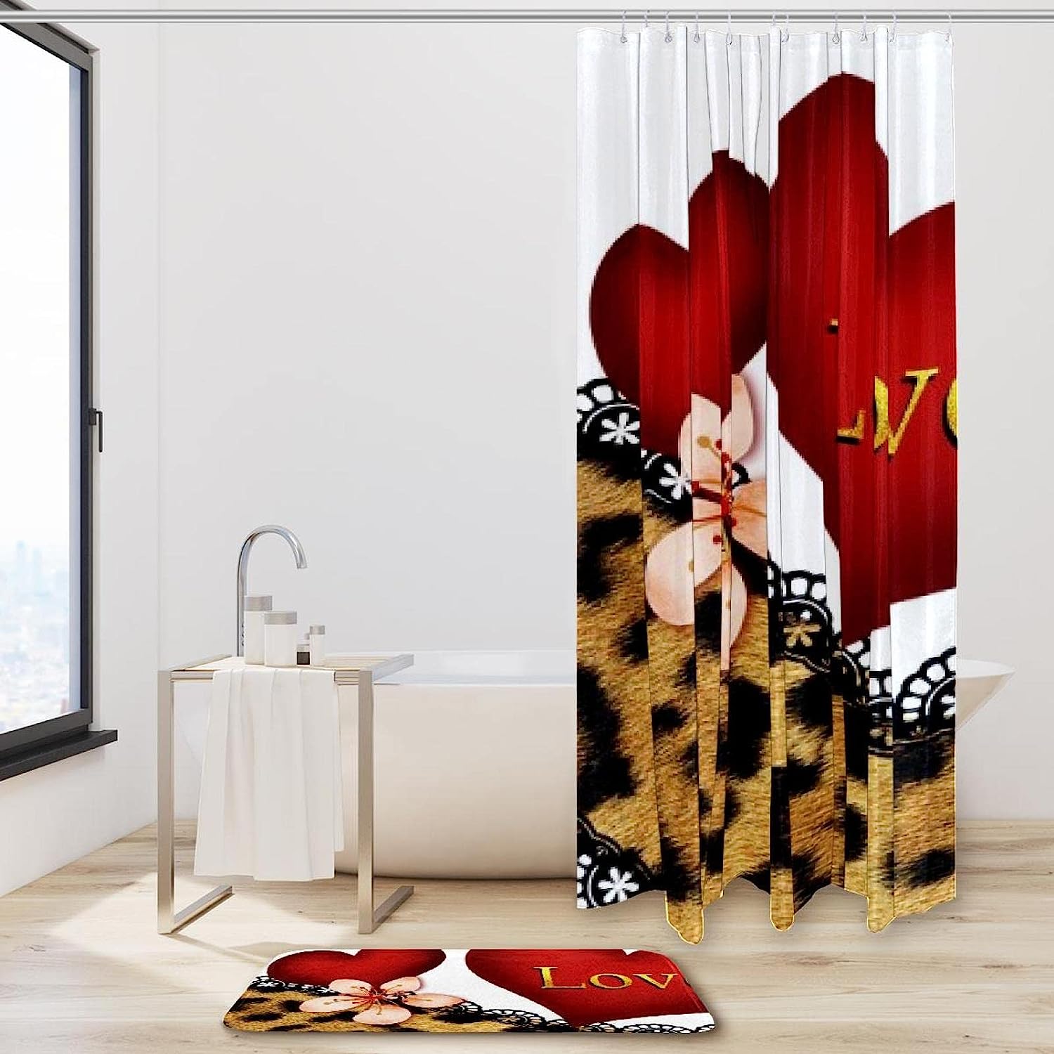 Lace Leopard Love Heart Printed Bathroom Tub Set With Waterproof Fabric Shower Curtain - Image 2