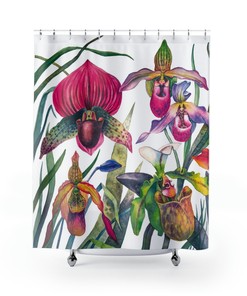 Lady Slipper Orchid Print Colorful Shower Curtain Fabric For A Springtime Bathroom Theme