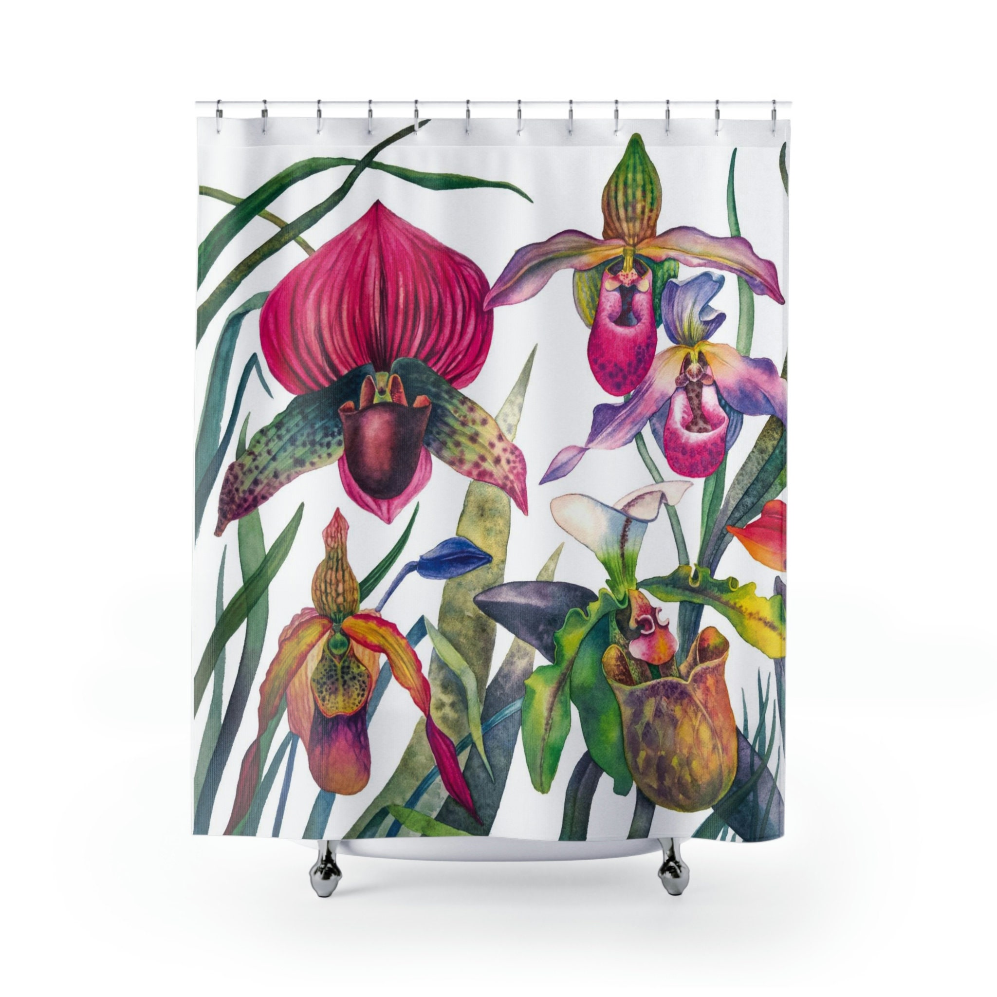 Lady Slipper Orchid Print Colorful Shower Curtain Fabric For A Springtime Bathroom Theme