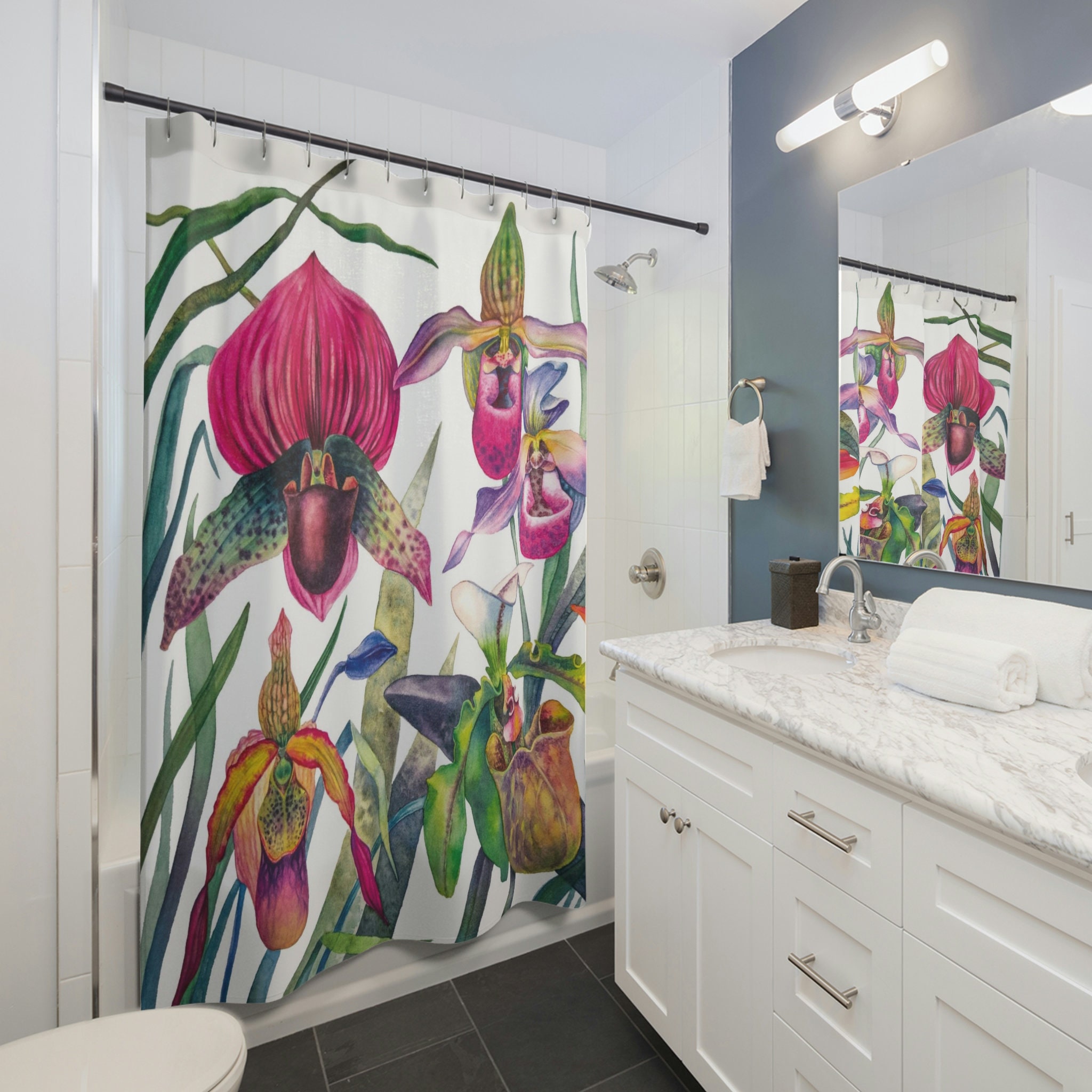 Lady Slipper Orchid Print Colorful Shower Curtain Fabric For A Springtime Bathroom Theme - Image 2