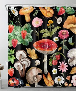 Ladybug Flower Strawberry Mushroom Red Shower Curtain Set for a Quirky Bathroom