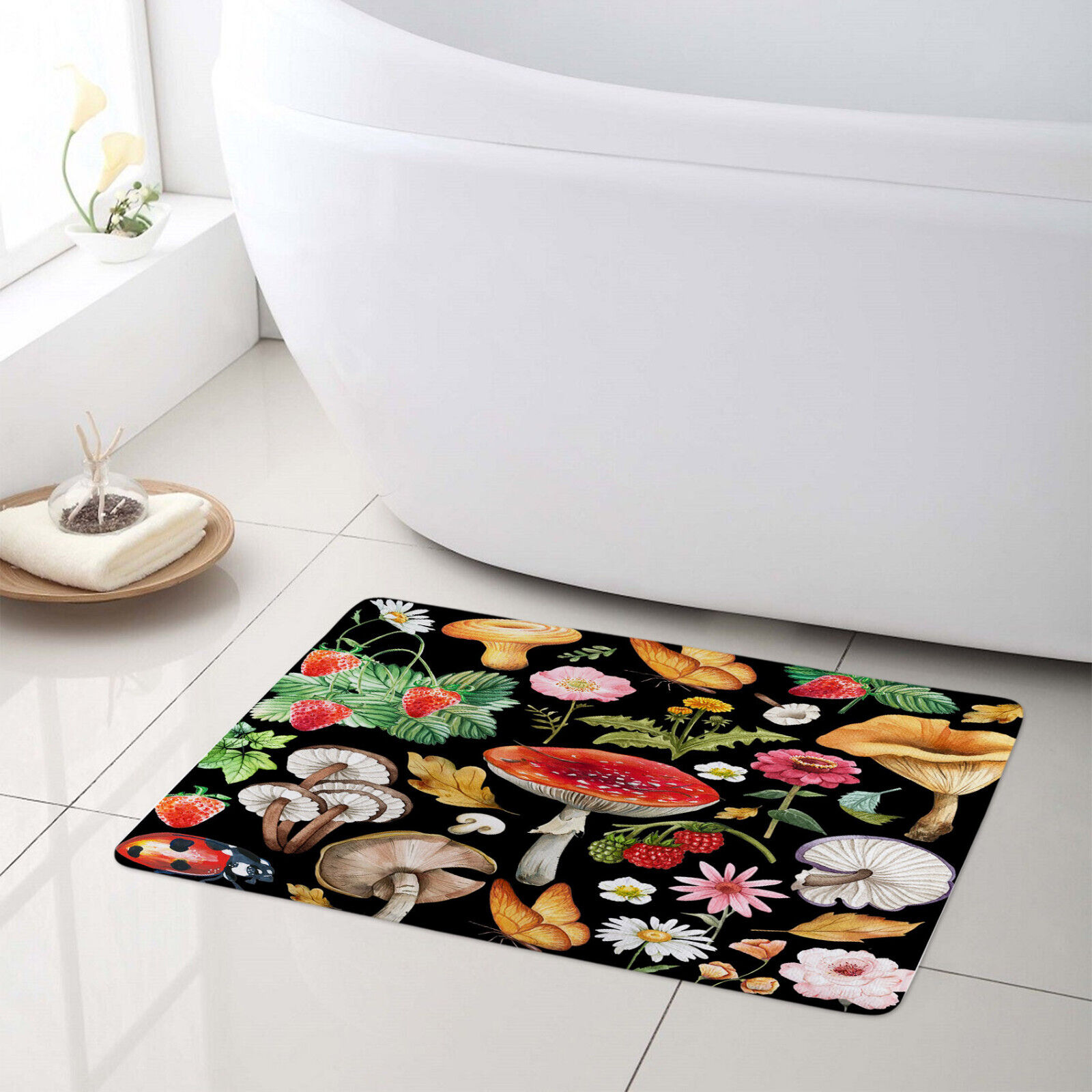 Ladybug Flower Strawberry Mushroom Red Shower Curtain Set for a Quirky Bathroom