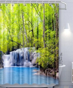 Lagoon And Waterfall Nature Settings Shower And Curtain Set For Invigorating Bathroom Decor