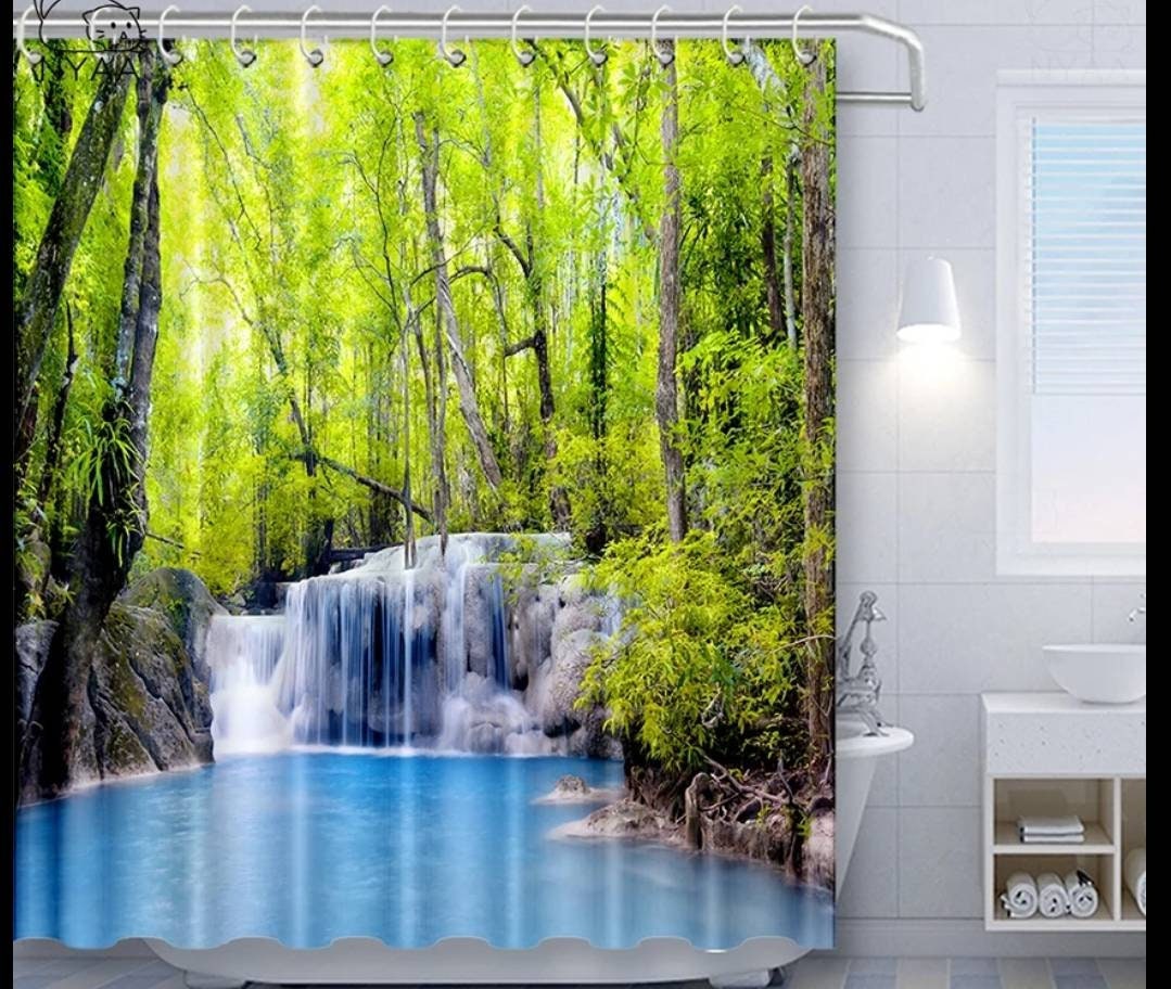 Lagoon And Waterfall Nature Settings Shower And Curtain Set For Invigorating Bathroom Decor