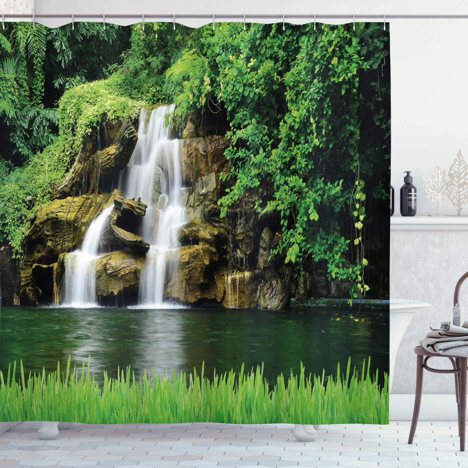 Lake Garden Waterfall Print Shower Curtain for a Relaxing and Inviting Bathroom Atmosphere