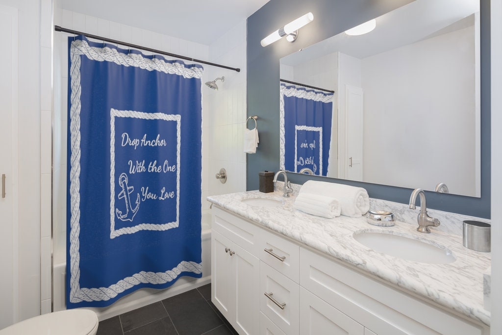 Lake House Decor Shower Curtain With Royal Blue Anchor Design - Image 2