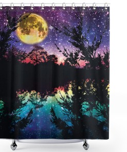 Lake Moonlight Stars Night Sky Trees Purple Shower Curtain - Contemporary Bathroom Decor